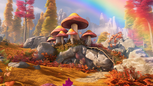 异想天开的石头城堡位于彩虹充满的魔法森林中令人惊叹的 3D 插图
