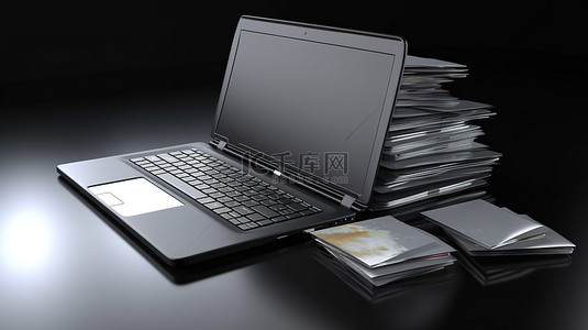 数字工作区带有文件的笔记本电脑的 3D 渲染
