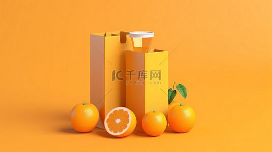 充满活力的橙色背景上带玻璃的橙汁纸盒的 3D 插图