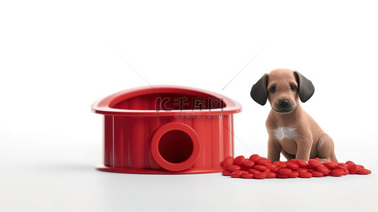 白色背景下带红色塑料碗和宠物咀嚼骨的木制卡通狗屋的 3D 渲染