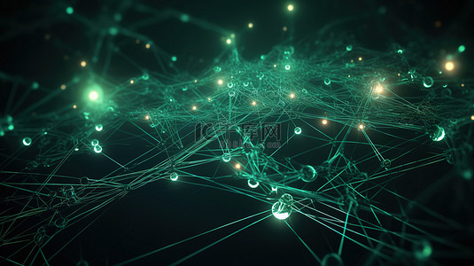 绿色格背景图片_抽象绿色背景下网络空间发光点网络中几何流的 3D 渲染