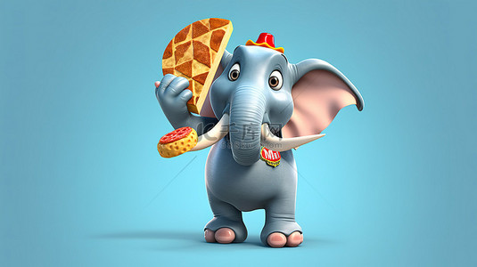 大象插画背景图片_异想天开的 3D 大象拿着披萨和扩音器取乐