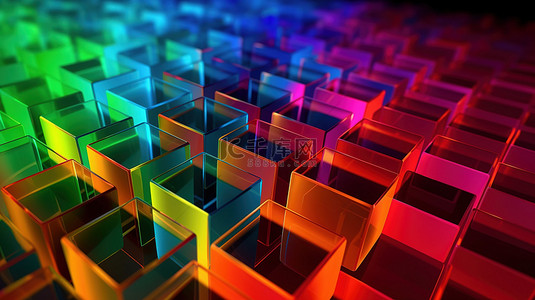 彩虹背景与平行四边形图案中的透明立方体 3D 插图