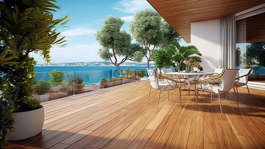 现代家庭用餐露台的 3D 渲染图像，可欣赏风景如画的海景