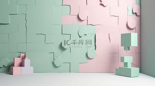 柔和的色调 3D 拼图墙，具有不对称设计和绿色背景 CGI