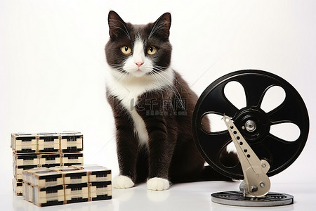 黑色的猫背景图片_一只猫靠近一个大的黑色隔板和胶片卷轴
