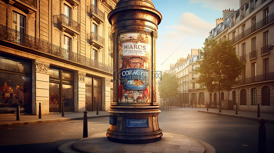 巴黎复古背景图片_以 3D 呈现的传统法国风格的巴黎广告莫里斯专栏