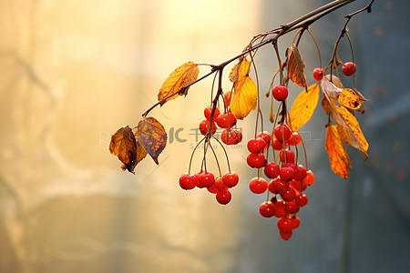 秋天飘扬，红色的浆果挂在树枝上