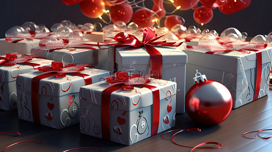 红色节日丝带礼盒背景图片_圣诞节和新年派对 3D 日历，配有节日庆典礼品盒丝带和球