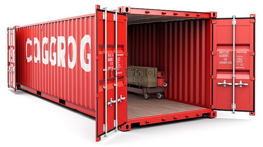货物进门背景图片_孤立的白色集装箱船的 3D 插图，其侧面带有“货物”字样，门敞开