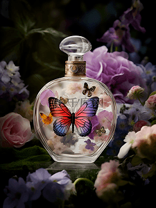 法国原装进口背景图片_蝴蝶花卉女士香水瓶摄影广告背景