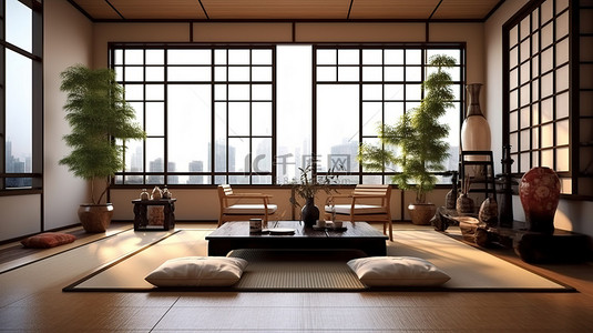 现代日式客厅配有榻榻米地板和桌子 3D 渲染