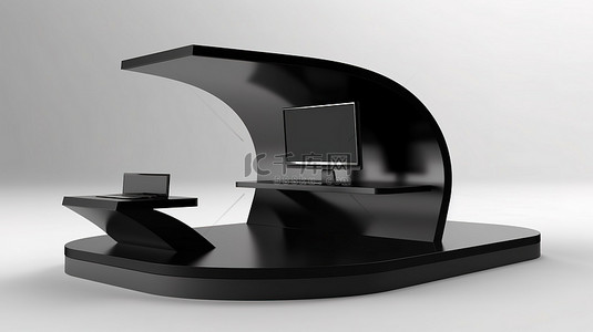 展位美陈背景图片_时尚的黑色液晶亭矗立在贸易展摊位上，从各个角度呈现 3D