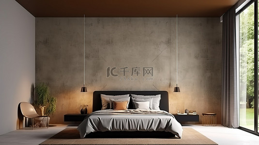 模拟卧室内部的 3D 渲染，配有床窗枕头和带纹理的深色墙壁