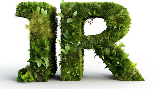 字母和植物背景图片_绿色植物叶子和苔藓形成 3d 字母 r