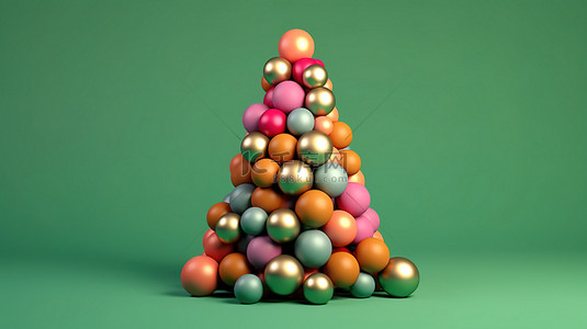 郁郁葱葱的绿色背景上充满活力的小玩意圣诞树，通过 3D 渲染庆祝新年