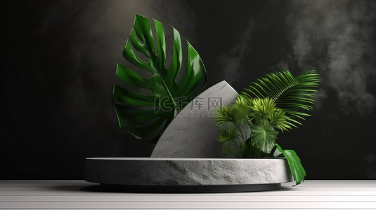 3D 渲染混凝土展台展示，带有抽象棕榈叶插图，用于岩石产品博览会