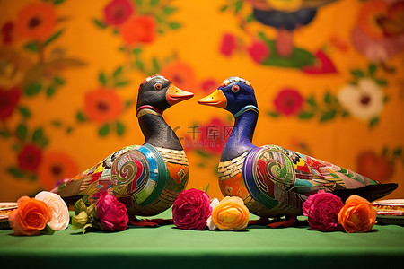 贝克背景图片_彩色桌布上的两只木鸭