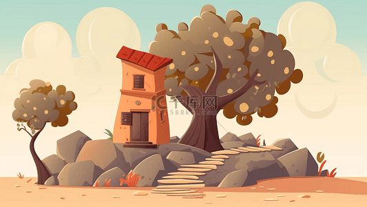 卡通房子石头大树房屋背景
