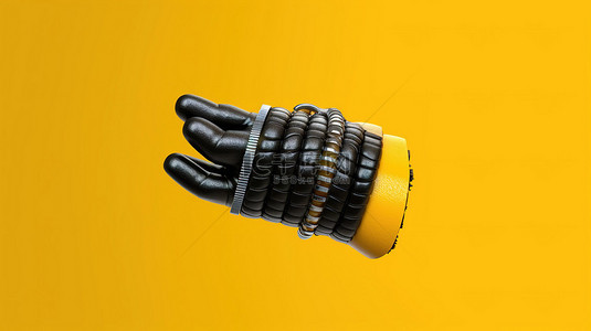 拉下背景图片_卡通摇滚明星手戴着黑色皮革手镯，在充满活力的黄色背景下拿着麦克风的 3D 渲染