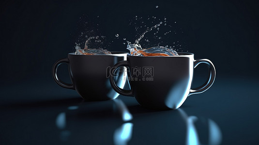 黑色的盖子背景图片_蓝色背景上的两个浮动热咖啡杯，带有黑色盖子 3d 渲染