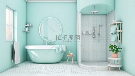 淋浴间背景图片_柔和的蓝色浴室，配有独立淋浴间和 3D 渲染的干燥区域