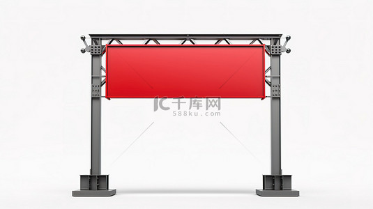 广告横幅背景图片_金属桁架建筑系统在白色背景上显示空白户外广告横幅以及空讲台 3D 渲染图像