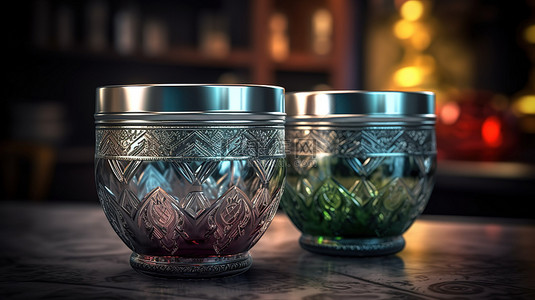 金属传统支架通过选择性聚焦和色调增强俄罗斯玻璃杯的 3D 茶图像