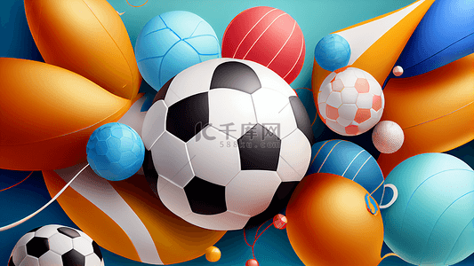 卡通球类运动背景图片_足球橄榄球气球蓝色背景