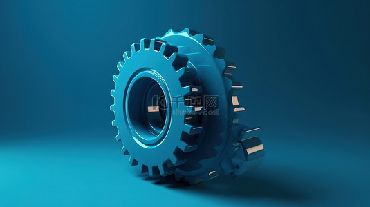 蓝色背景上的简约齿轮符号 3D 渲染齿轮概念的插图