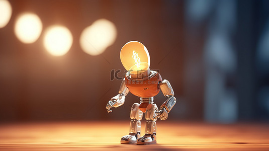 迷你机器人在 3D 渲染中持有灯泡，说明机器学习概念