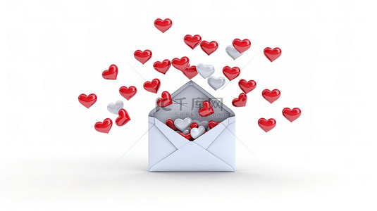 可爱卡通信封背景图片_3D 插图电子邮件信封，白色背景下飞翔的心