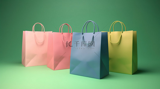 色彩鲜艳的各种纸质购物袋在绿色背景上令人惊叹的 3D 渲染