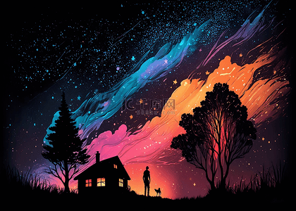 夜晚星空彩色插画背景