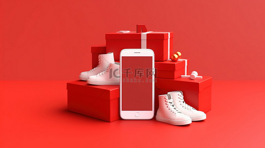 虚拟礼物捆绑鞋智能手机和购物车 3D 渲染