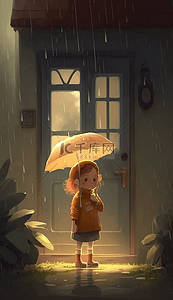 卡通雨背景图片_植物灯光撑伞的小女孩儿卡通可爱背景