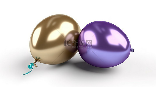 一组金属金灰色紫色和蓝色气球在 3d 渲染中隔离在白色背景上，带有剪切路径