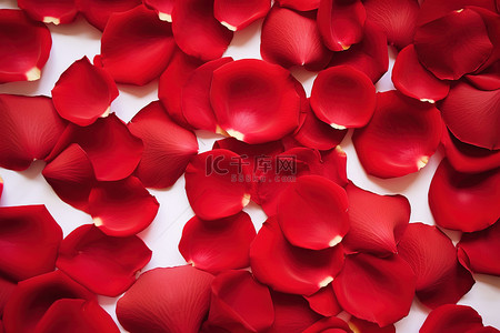 红色玫瑰花瓣排列在白色背景上