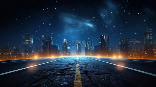 夜下城市背景图片_废弃的高速公路装饰着火热的路灯，通向繁星夜空下的大都市 3D 渲染