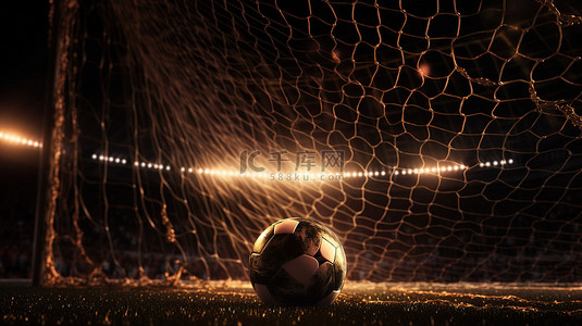 成就解锁足球在目标与体育场照明的 3d 渲染