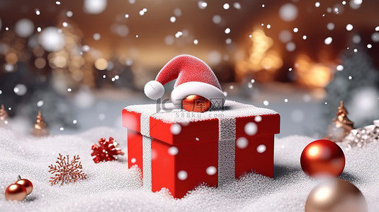 礼盒雪花背景图片_节日圣诞礼物盒，配有圣诞老人帽子和雪花 3D 插图，带有文本空间