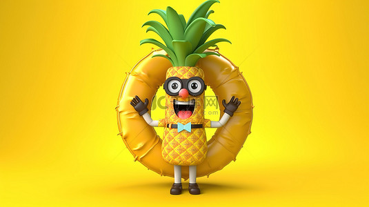水果卡通人物背景图片_黄色背景 3d 渲染上带有救生圈的时髦菠萝的欢快卡通人物