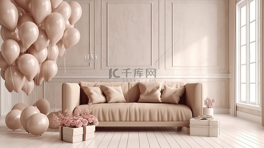 情人节主题米色内饰，配有心形气球沙发和礼品盒 3D 渲染插图