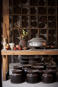 传统厨房背景图片_用锅和金属瓮装饰的厨房