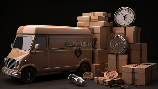 一个计时器一堆盒子和一辆 3D 渲染的棕色货车