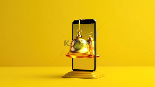 屏幕上带有黄色通知铃的手持手机的 3D 渲染