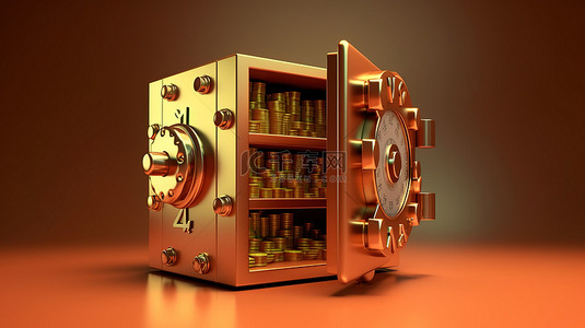 金钱银行背景图片_3D 渲染一个保险箱，里面锁着硬币和金钱
