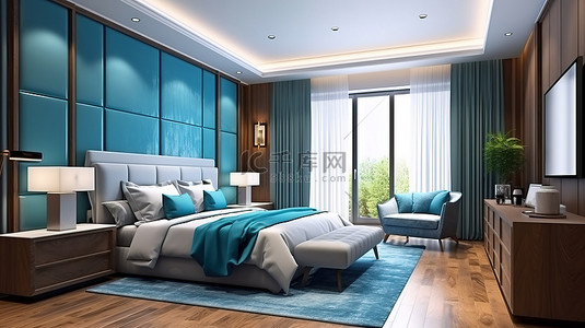 酒店房间配有令人惊叹的 3D 渲染豪华蓝色卧室套房和电视
