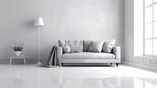 带灰色沙发的白色客厅的 3D 渲染