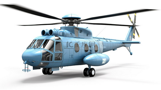 白色背景上孤立的蓝色小型军用运输直升机的 3D 插图